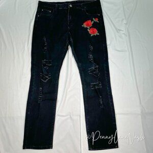 Shein Black Distressed Embroidered Skinny Jeans Size 38
